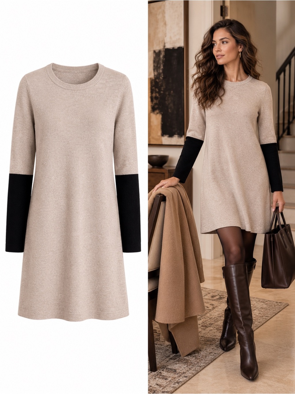 Cremieux Wool Cashmere Colorblock Sweater Dress Size XS Oatmeal Black Luxury